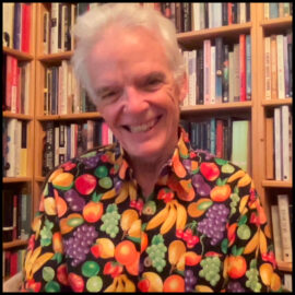 James sits in his library at home, surrounded by all his books. He is wearing his favourite shirt. There are patterns of grapes, cherries, apples, oranges, plums and bananas all over the fabric. He calls it his Fruit Shirt, it makes him feel healthy and happy whenever he wears it.